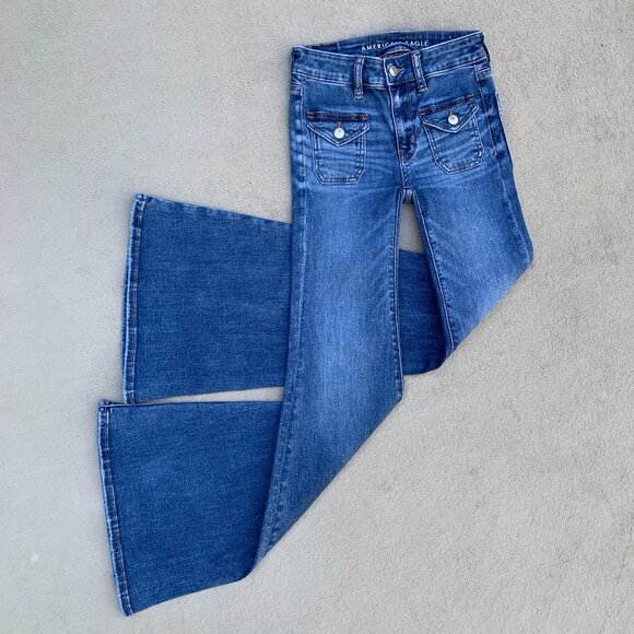 American Eagle Outfitters Festival Flare Next Level Stretch Low Rise Jeans Sz00 - Picture 6 of 14